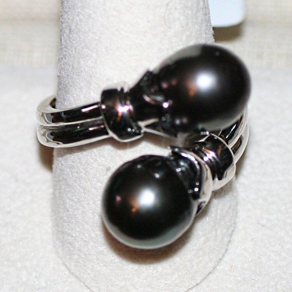 9.5-10MM Cultured Tahitian Pearl Bypass Rhodium Sterling Silver 925 Ring SZ 12